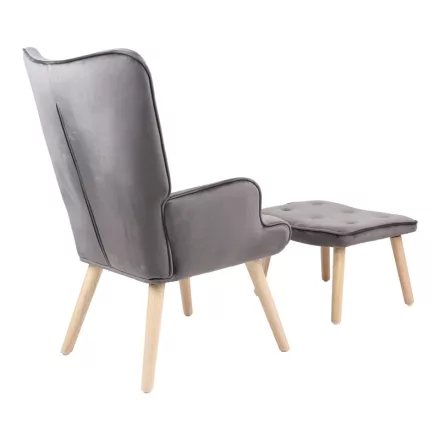 Armchair with footstool Melisia pakoworld velvet grey-natural color wooden leg 59x67x94cm