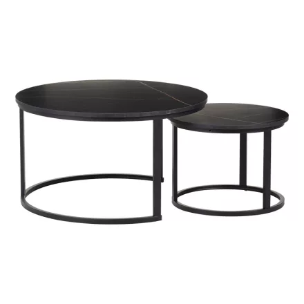 Coffee tables Solme I pakoworld 2pcs in black marble color with black metal legs