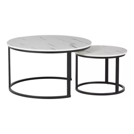 Coffee tables Solme I pakoworld 2pcs in white marble color with black metal legs