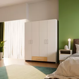   Openable four-leaf wardrobe Generiale pakoworld melamine white-oak with 3 grey shelves 159x54.5x190.5cm