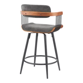   Rotating bar stool Cameo pakoworld metal black-walnut wood-dark grey fabric 53x50x93cm