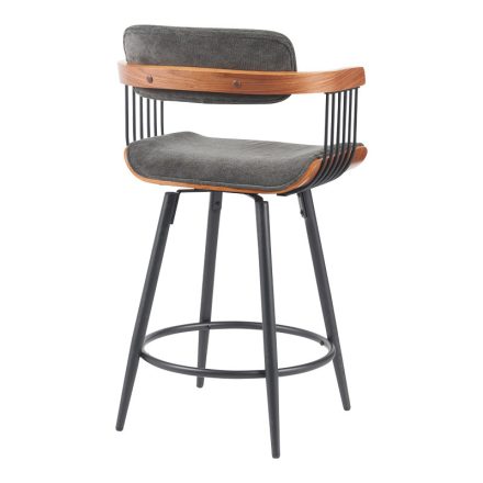 Rotating bar stool Cameo pakoworld metal black-walnut wood-dark grey fabric 53x50x93cm