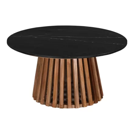 Coffee table Mable pakoworld solid acacia wood in natural color and black marble top D100x45cm